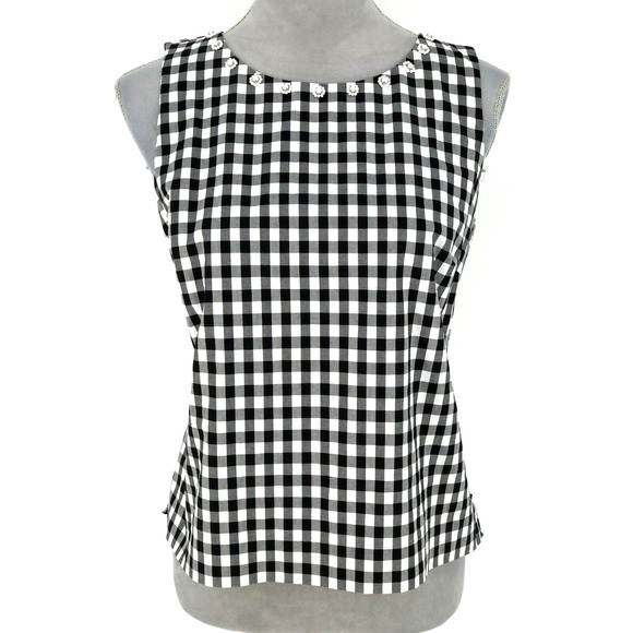Talbots Tops - Talbots Top Petites 6P Black White Gingham Plaid Beaded Neckline Blouse Side Zip